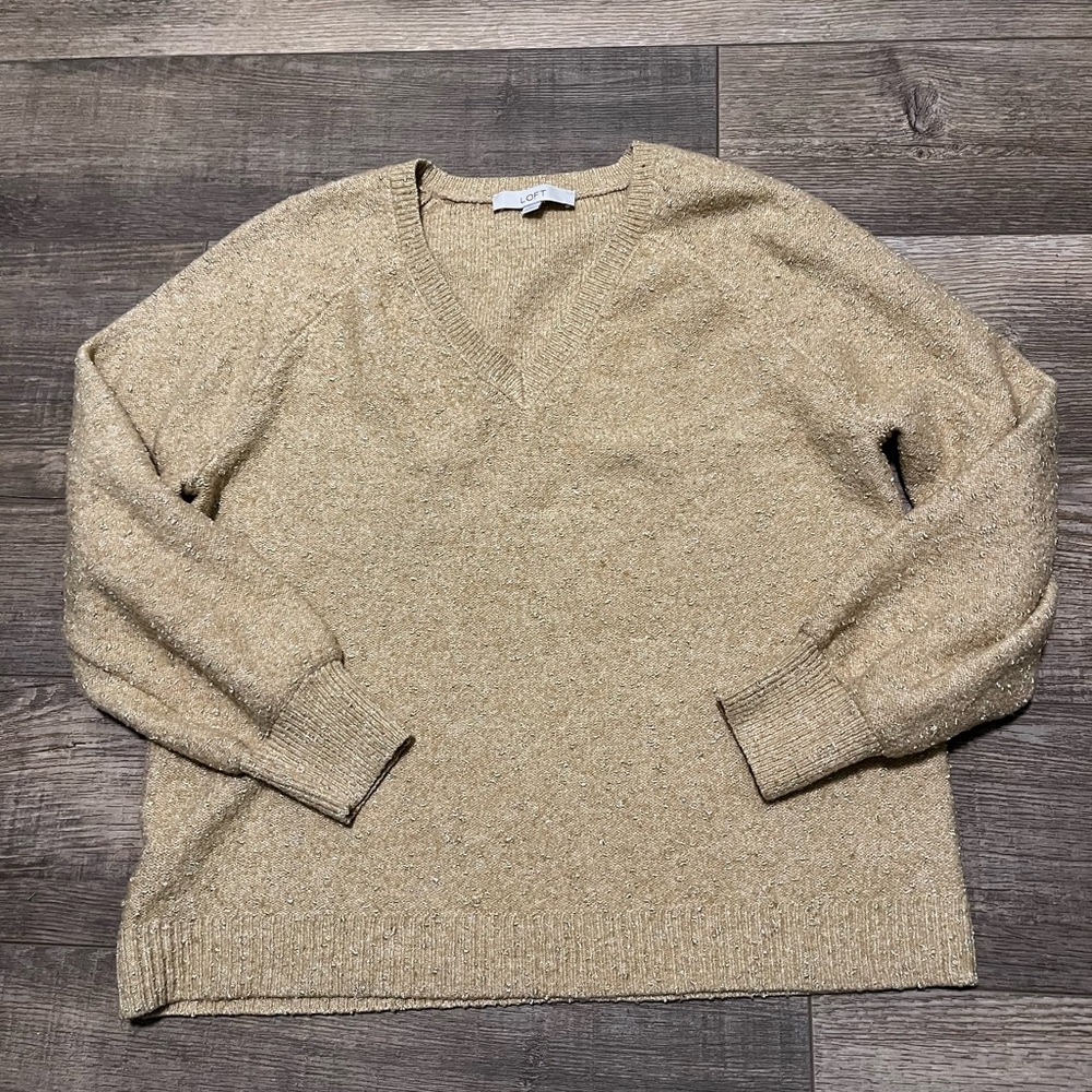 LOFT Women’s V-Neck Sweater in Oatmeal and Gold